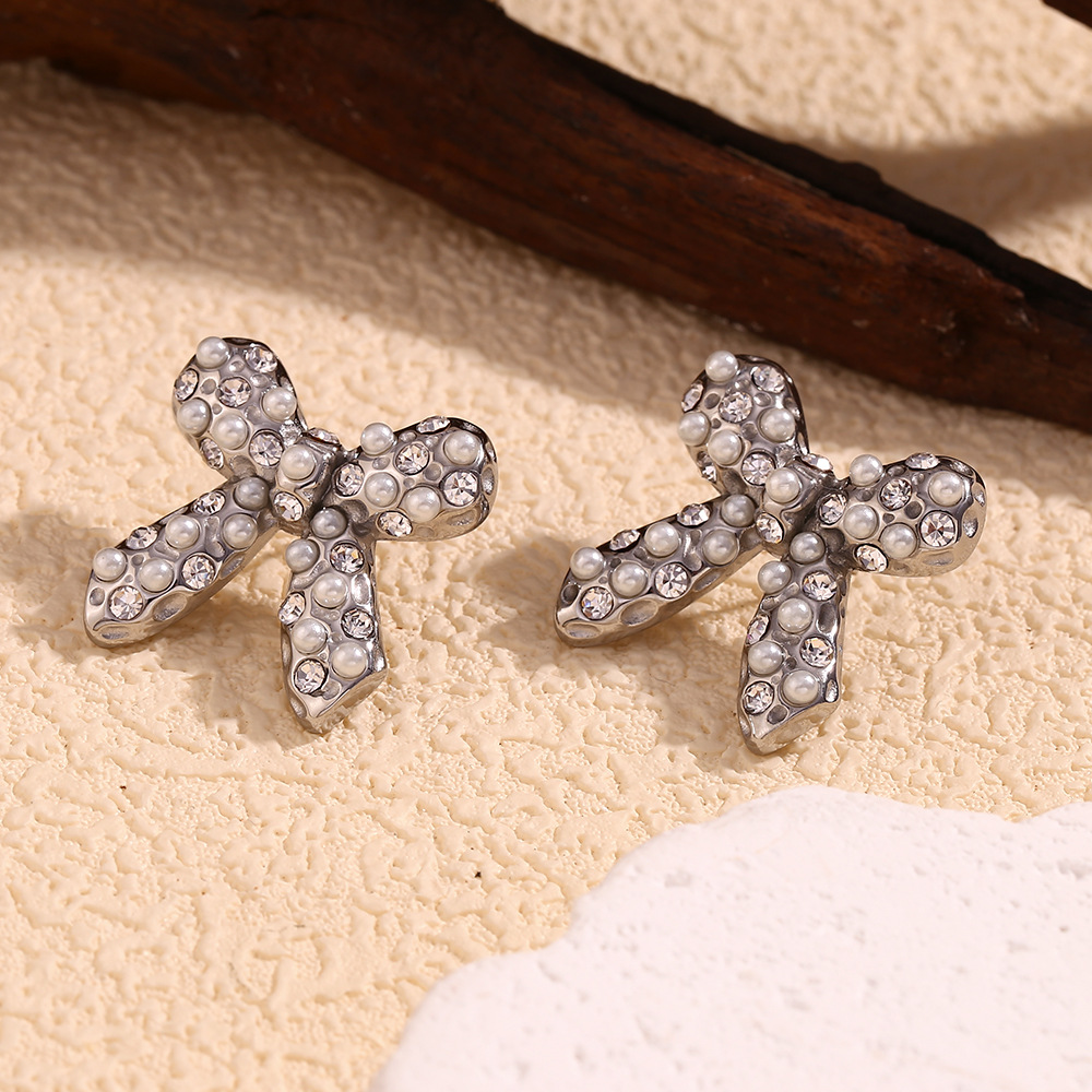 Steel Color Pearl Zircon Inlaid Bow Stainless Steel Earrings
