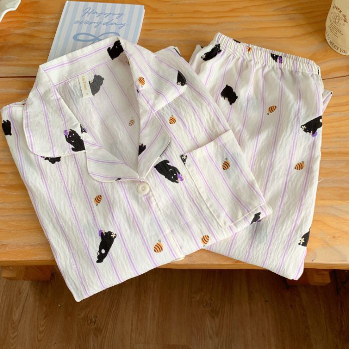 Nuevo conjunto de pijamas de algodón nublado transfronterizo de manga larga delgada primavera y otoño de mujeres lindos pantalones de dibujos animados dulces ropa para el hogar
