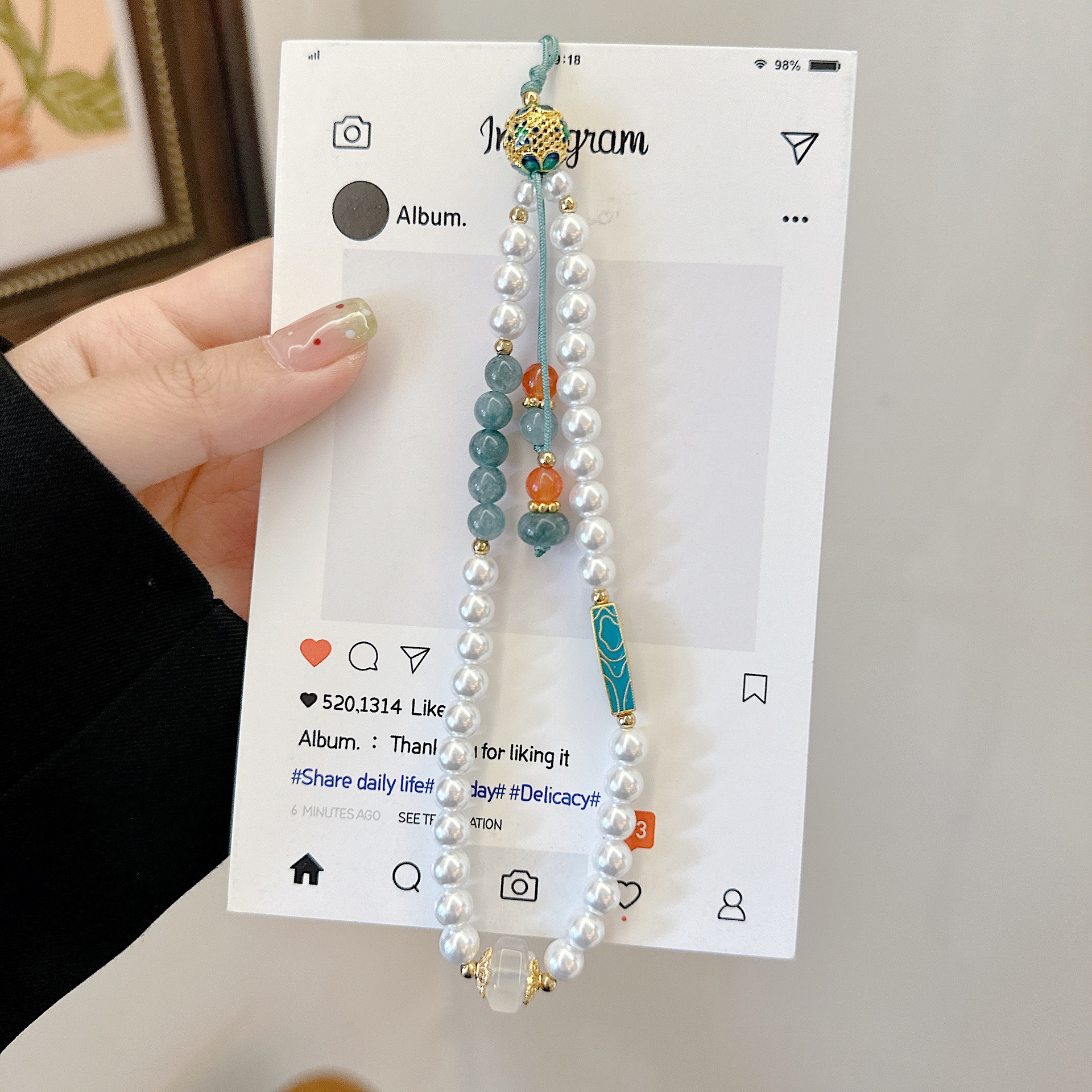 Cadena de teléfono móvil de alta gama hecha a mano boutique, piedra de ágata natural cloisonné, cordón de teléfono móvil de moda, colgante de cadena corta