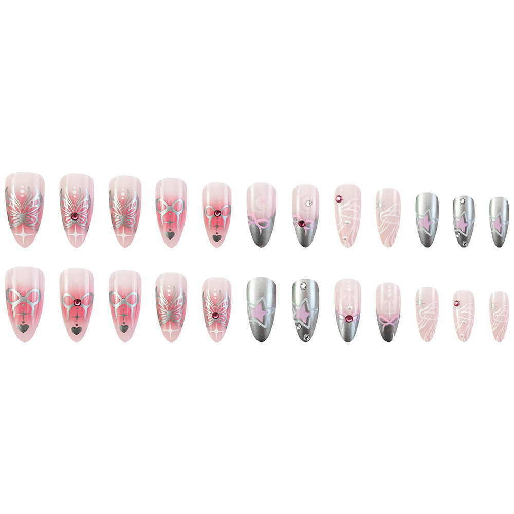 Polvo desnudo gradiente arco de amor estrellas manicure comercio exterior diamantes decorados estilo francés 24 piezas de parche de uñas
