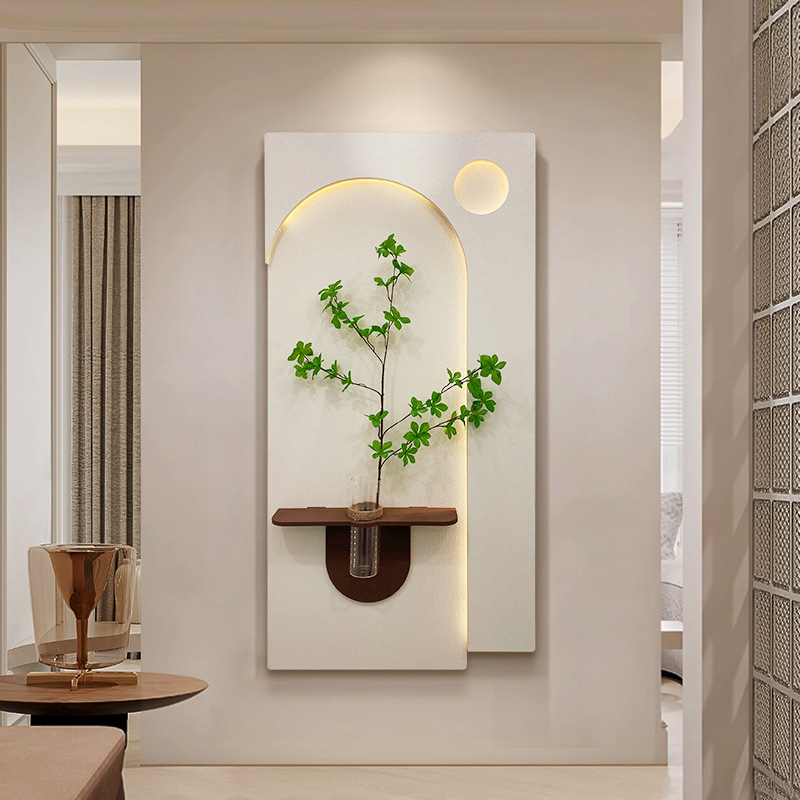 Pintura decorativa estilo crema para la entrada, plantas verdes hidropónicas, lámpara de pared para el pasillo de entrada, pintura colgante para la pared del pasillo, mural tridimensional de arenisca