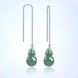 High-grade natural A goods jade blue water gourd earrings S925 silver set ice earrings ethnic women's earrings
