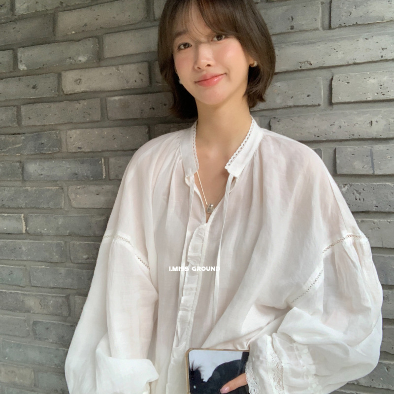 I MISS 2025秋季蕾丝拼接花边系带衬衫女长袖重工设计感衬衣宽松|undefined