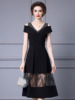 Black large V-neck with diamond mesh splicing， half off shoulder large swing skirt， summer