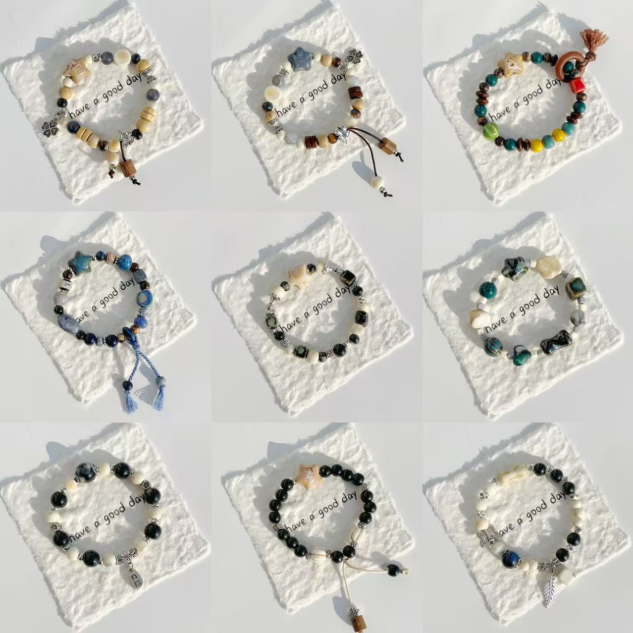 景德镇陶瓷手串执笔画墨新中式陶瓷手链饰品学生手编绳摆摊饰品精