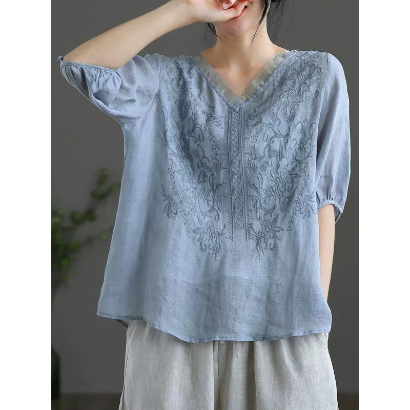 Распродажа женской одежды брендовых брендов, рубашки с коротким рукавом из тонкой хлопчатобумажной ткани, лето 2025, элегантные свободные рубашки с V-образным вырезом, оптовая торговля.