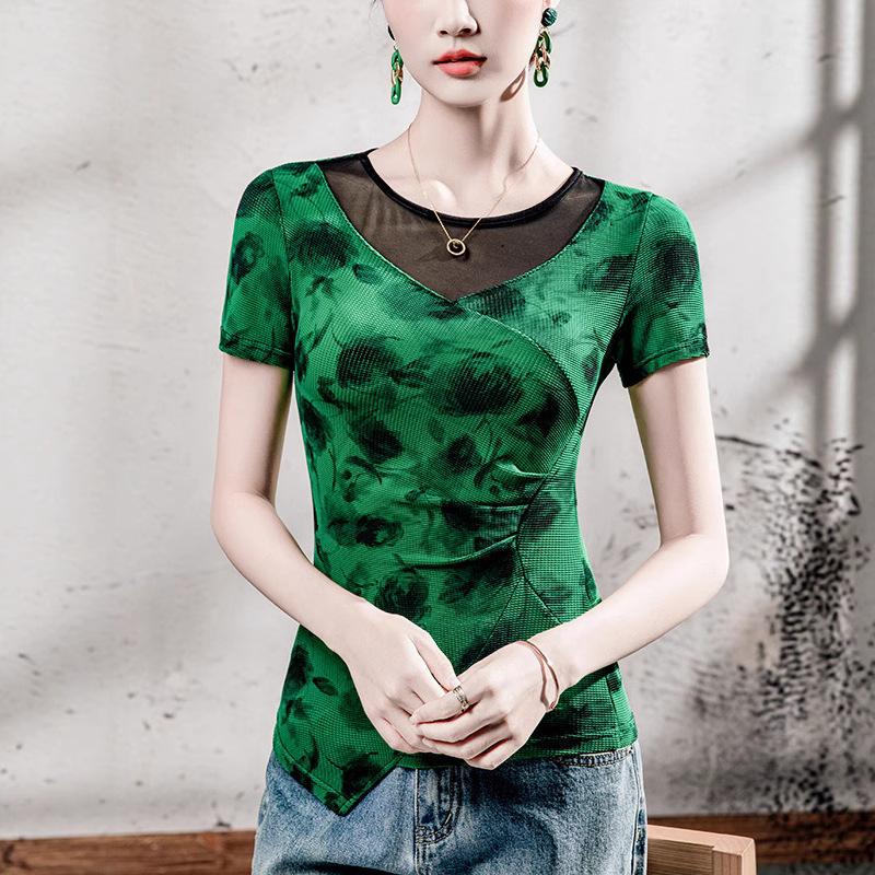 Mesh Semi-Transparent Splicing Printed T-Shirt Women's Short-Sleeved 2025 Summer New Mesh Style Pleated Women's Top