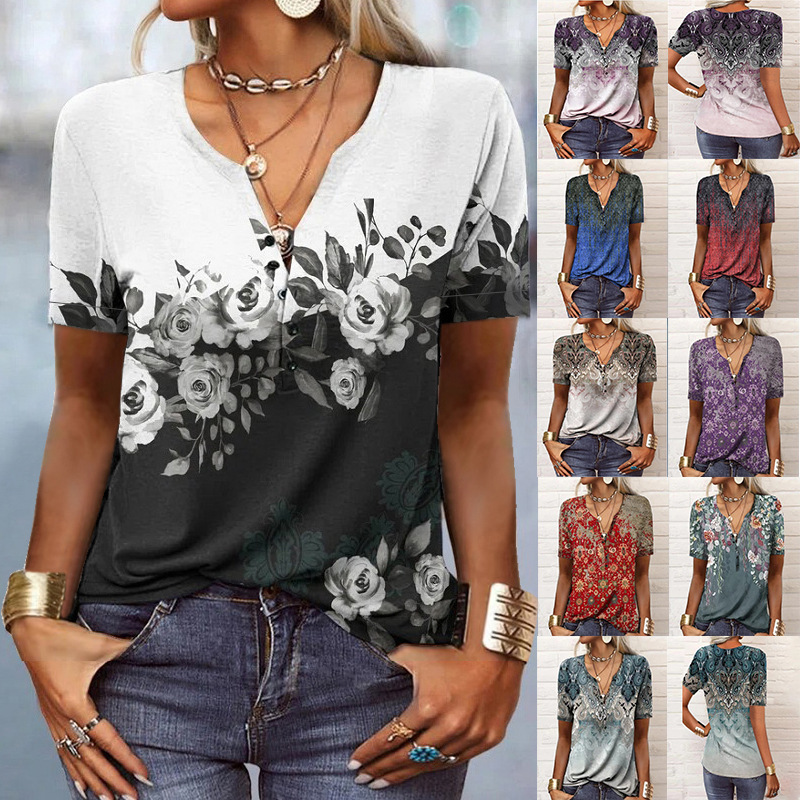 Cross-border 2023 Spring and Summer New European and American Women's Amazon Hot Selling Short-sleeved Printed Ethnic Fashion T-shirt for Women