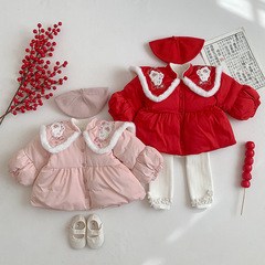 Winter 2023 Baby Rabbit Year Cotton Jacket Coat Warm Solid Color Outdoor Cotton Suit for Girls with Collar and Fleece New Year Dress