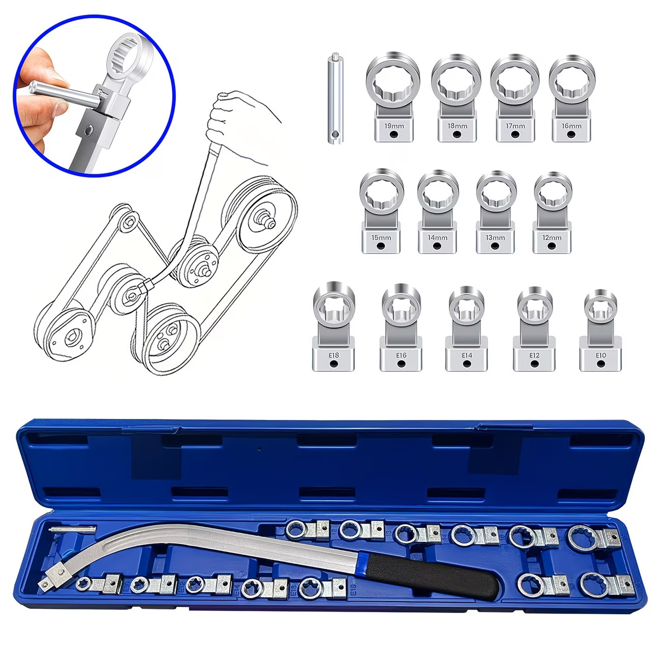 15-Piece Set of Pulley Wrenches, Engine Idler Tensioner Pulley Adjustment Wrenches, Extended Socket Wrenches