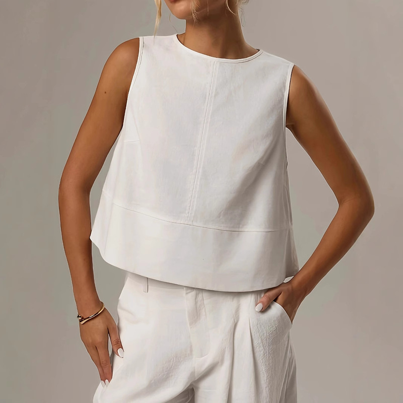 2025 Women's Casual Solid Color Round Neck Sleeveless Loose Shirt Comfortable Thin Cotton Linen