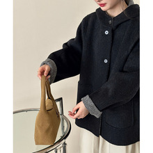 双色撞色连帽单排扣宽松中长款双面呢羊毛大衣外套女25秋冬新款