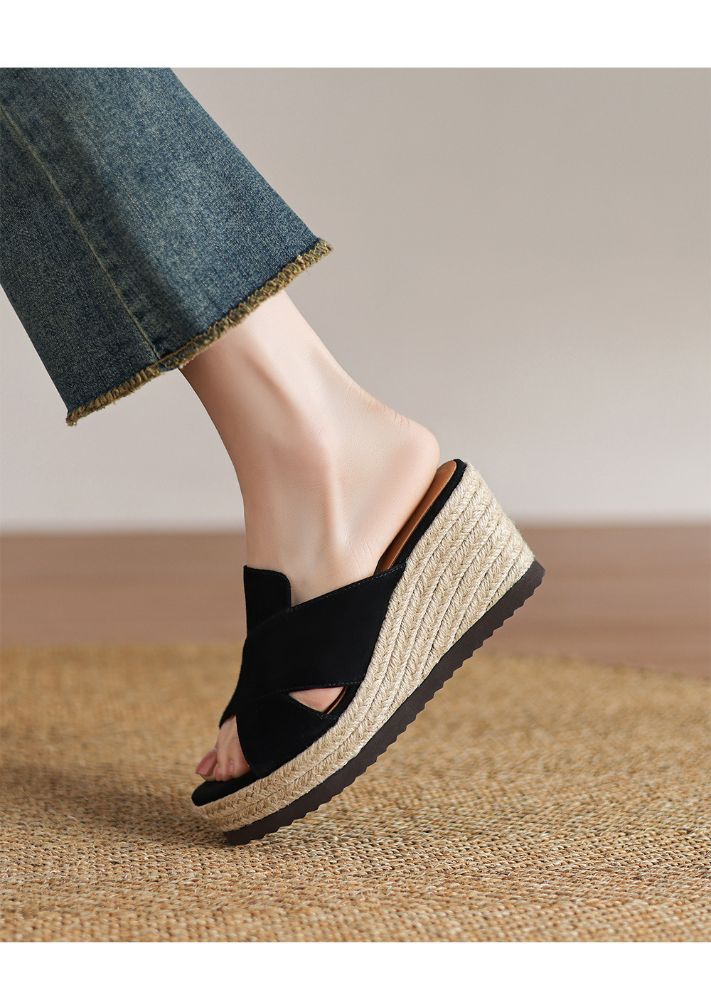 Dép sandal nữ quai ngang đế xuồng đan cói gót 7 cm — Màu đen chi tiết 10