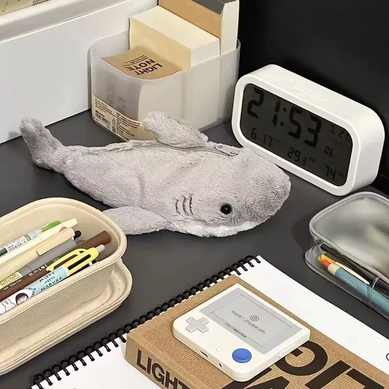 Handheld Plush Pencil Case, Marine Shark Cartoon, Capacious Storage for Elementary Students, Gift