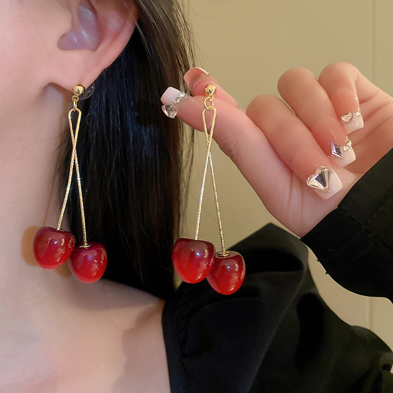18g Weight 1 Pair Exaggerated Sweet Cherry Plating Arylic Alloy Drop Earrings