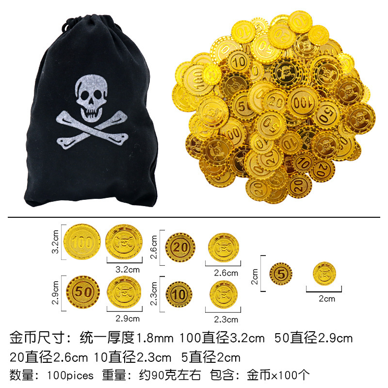 Monedas de oro piratas Halloween props fichas monedas accesorios de juegos de mesa bolsas de monedas de juguetes de plástico monedas de caza del tesoro monedas de oro