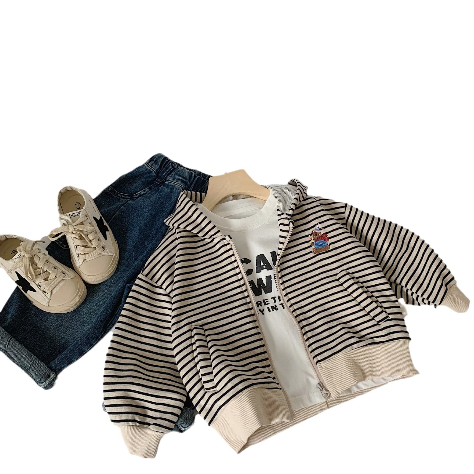 Maibao niños oso cardigan 2024 primavera nueva historieta impresa de rayas chaqueta moda