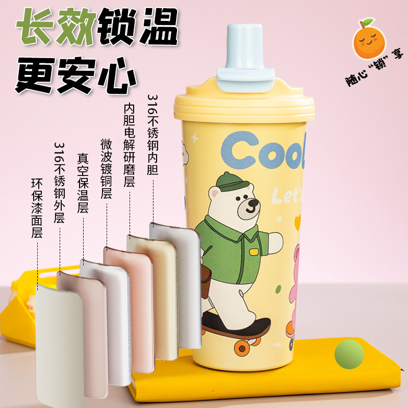 新款316不锈钢保温杯双饮咖啡杯水杯带吸管卡通便携咖啡 亚马逊|undefined