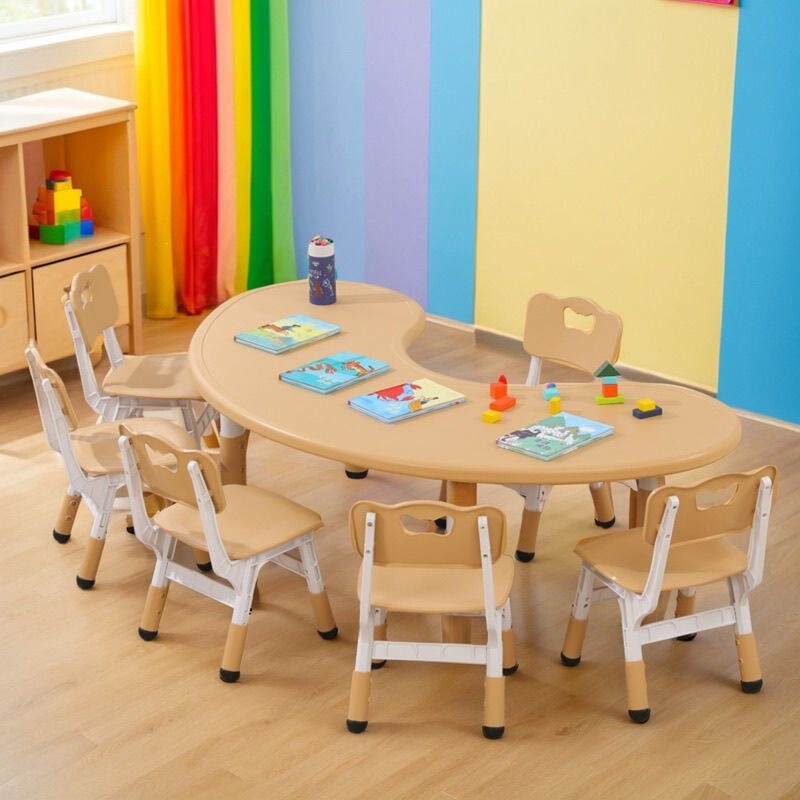 Children's Table and Chair Set, Kindergarten Table and Chair, Plastic Adjustable Moon-Shaped Creative Table, Baby Drawing, Game, and Learning Desk Children's Table and Chair Set, Kindergarten Table and Chair, Plastic Adjustable Moon-Shaped Creative Table, Baby Drawing, Game, and Learning Desk