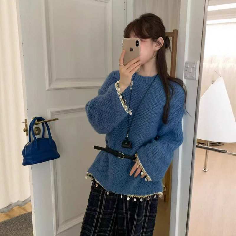 小众温柔紫色慵懒风软糯宽松毛衣女韩系秋冬新款亮片拼接针织上衣|undefined