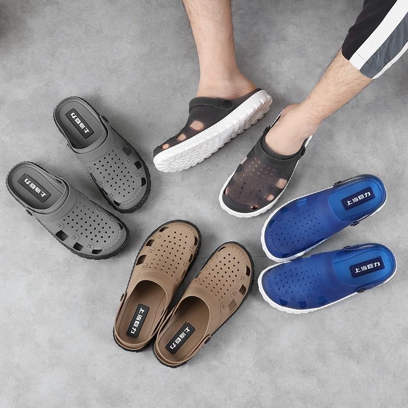 Сандалии Shanghai Juli, мужские летние повседневные полые Нескользящие туфли с мягким дном, дышащие с закрытым носком, большие размеры, пляжные туфли с дырками