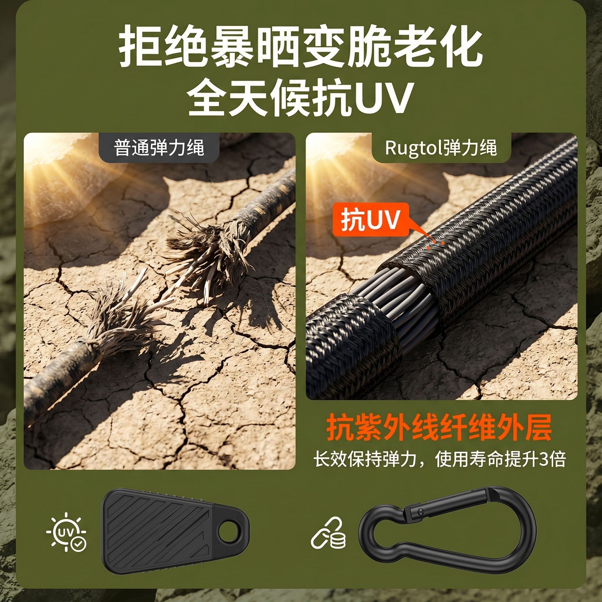 Adjustable Outdoor Carabiner Elastic Rope Camping Style Car Camping Style Clothesline Luggage Binding Rope Packing Belt Elastic Rope