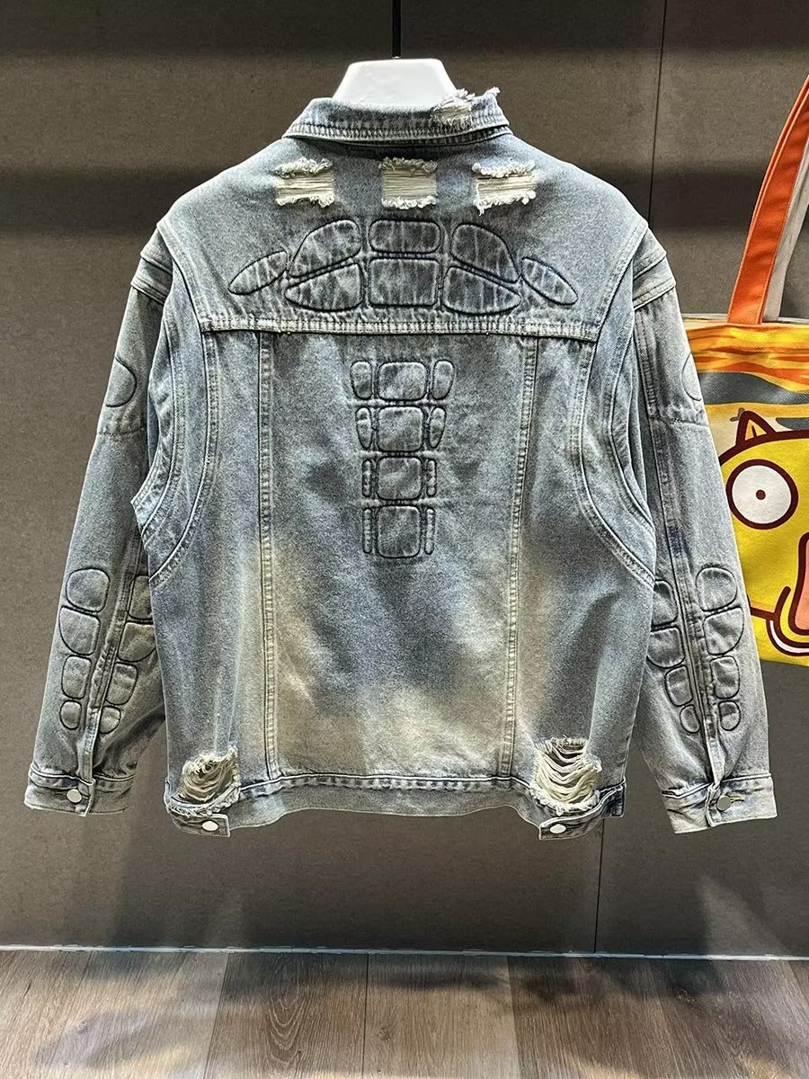 Abbigliamento maschile Primavera e autunno Nuovo Slim Fit Giacca in denim strappato Giacca in denim non elasticizzato Giacca con risvolto superiore Vestiti in denim retrò_voghion.com