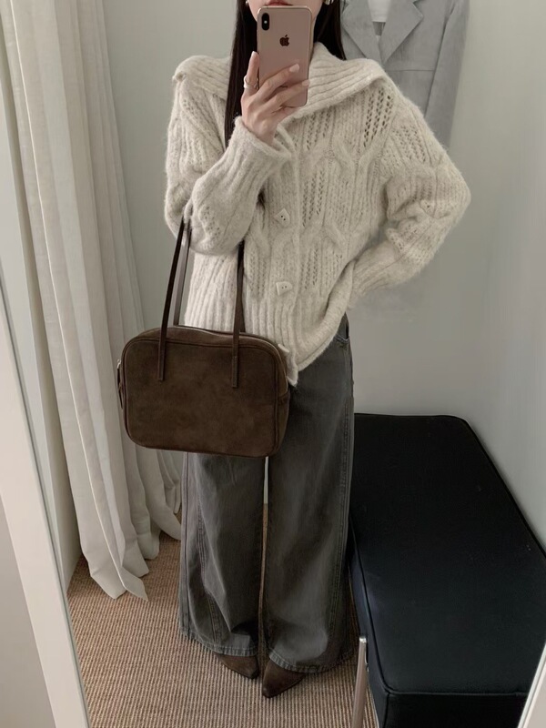秋冬慵懒风翻领绞花针织毛衣女韩系高级感纯色简约百搭针织衫上衣|undefined
