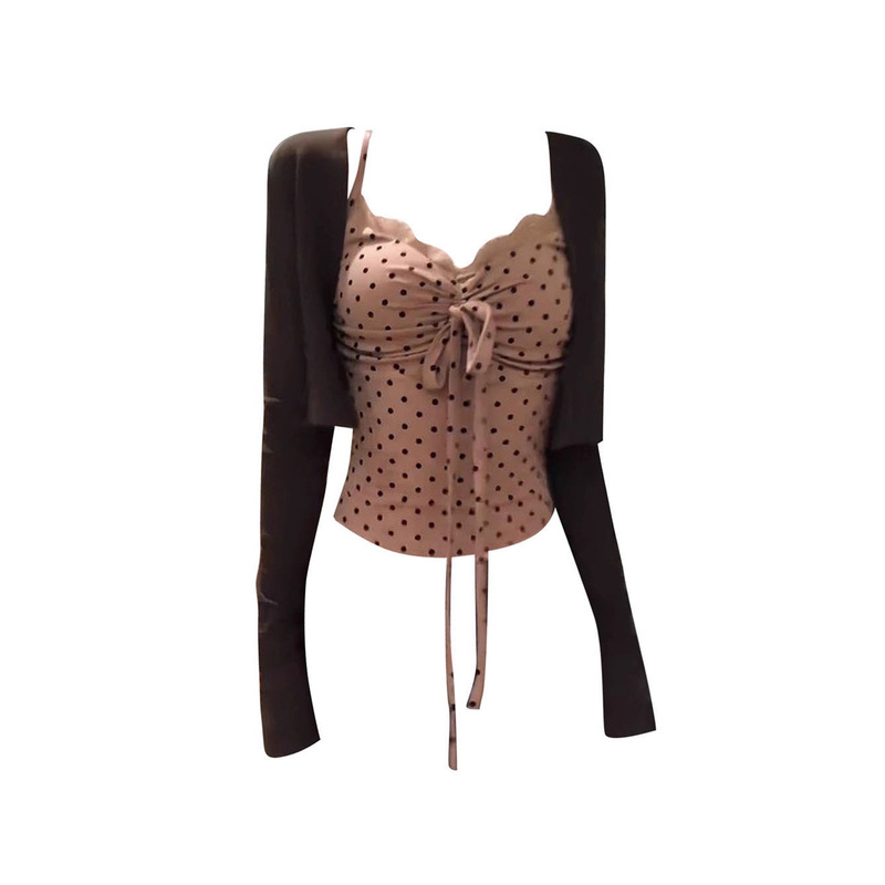 Retro Sexy Polka Dot Camisole Women's Autum Inner Wear Unique Slim Sleeveless Top Cardigan Suit