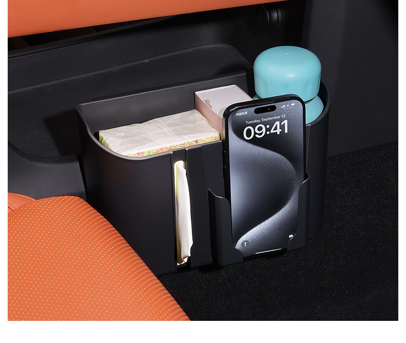Car rear seat headrest side storage box, plastic thickened snap-on design, 2-in-1 tissue box with cup holder