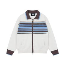 跨境 美式复古潮牌条纹翻领毛衣男女生拉链领秋冬情侣针织衫上衣