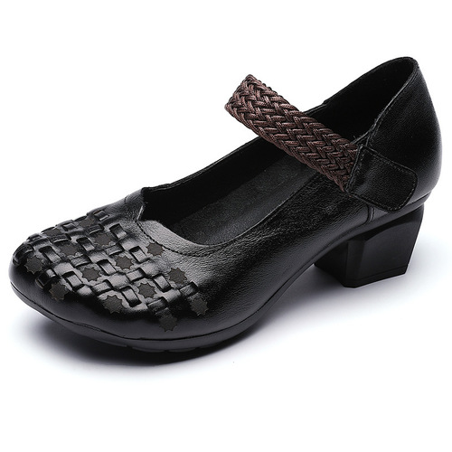 Spring and Autumn Women's Retro Single Shoes: Top-Grade Cowhide, Chunky Mid-Heel, Velcro Closure, Woven Round Toe, Distressed Light-Color Design—Perfect for Dancing