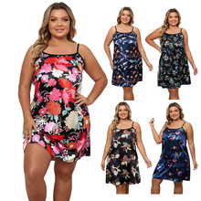 2024亚马逊大码睡裙女仿真丝夏季吊带印花睡衣女士家居服欧美外贸