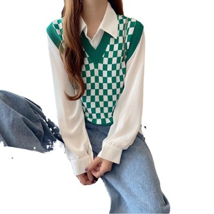 Korean Style Color-block Plaid Short Sleeveless V-neck Knitted Vest Women's New Slim-fit Slimming Outer Wearing Vest Top Autumn