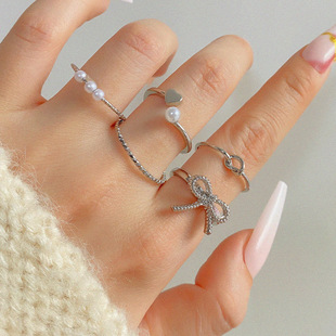 Knot Heart Bow Pearl 5-Piece Ring Set Simple Accessible Luxury Export Environmentally Friendly Color-Preserving Bow Ring