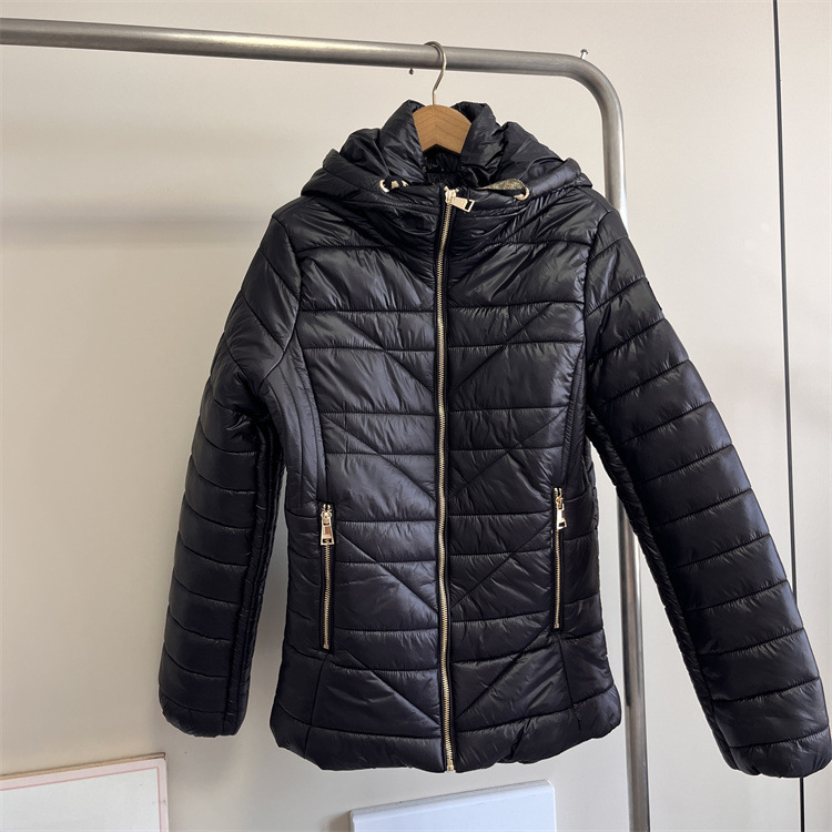 9712女装 冬季气质保暖绗缝字母飘带修身夹棉休闲连帽棉衣棉服|undefined