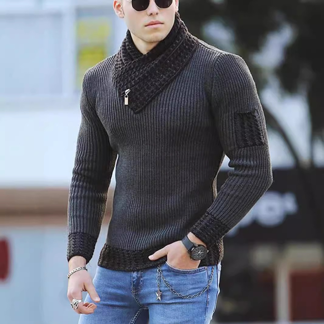 Suéter tipo jersey, estilo europeo y americano, comercio transfronterizo, otoño e invierno, talla grande, para hombre, manga larga, bufanda moderna, cuello alto, suéter de punto transfronterizo para hombre