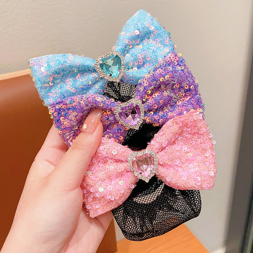 Children's hair net pink bow hair clip for girls, lazy bun hair tool, round hair hair bag, spring clip for girls