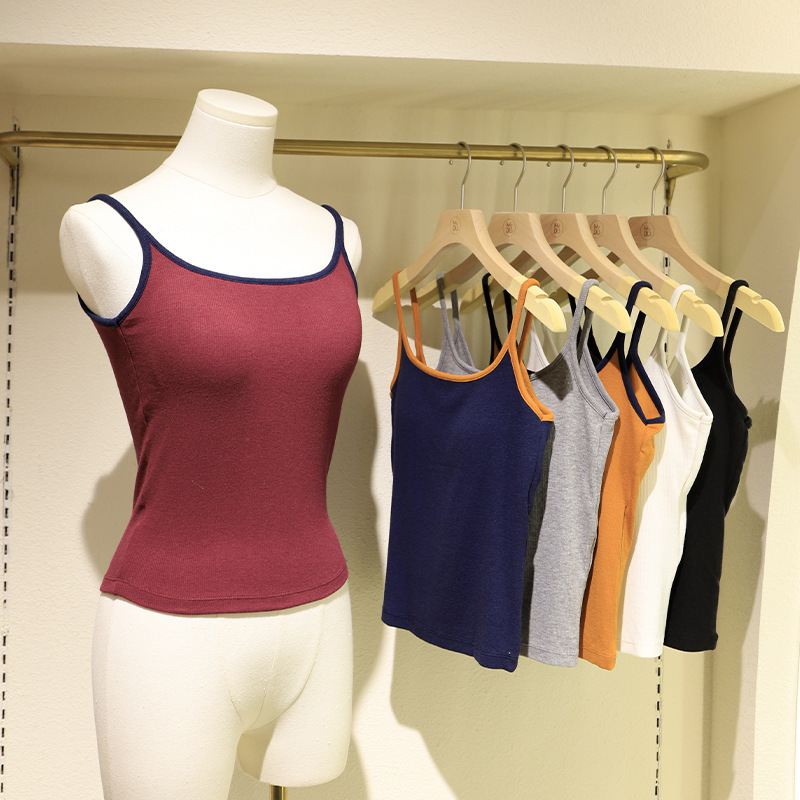 Early Autumn Minimalist Versatile Ribbed Camisole with Round Neck, Deep Backless Design, and Built-In Bra Pads for Women, Suitable for Layering or Wearing Alone