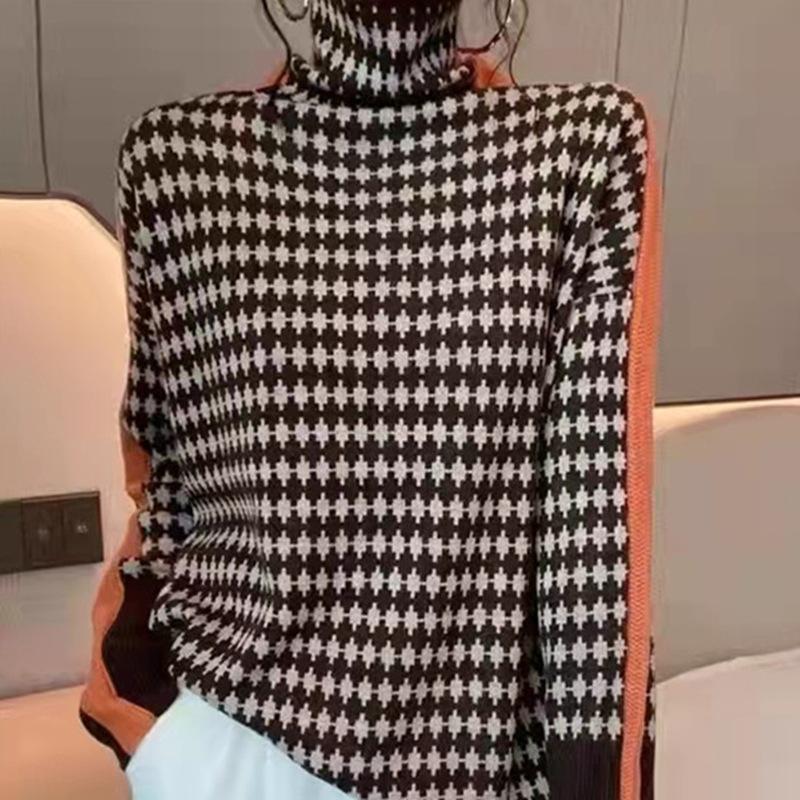 Suéter de cuello alto con rayas y patchwork estilo casual para mujer, jersey holgado de punto para primavera y otoño 2026, manga larga adelgazante.