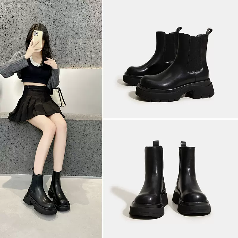 秋季厚底马丁靴女2025年新款百搭英伦风切尔西烟筒靴初秋黑色短靴