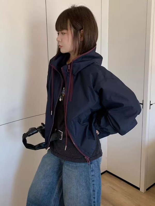 设计感连帽冲锋衣短外套女2025秋季宽松显瘦百搭休闲工装夹克上衣|undefined