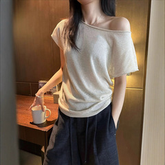 Awencot 【一衣两穿】天丝亚麻短袖t恤女夏露肩卷边斜肩针织上衣