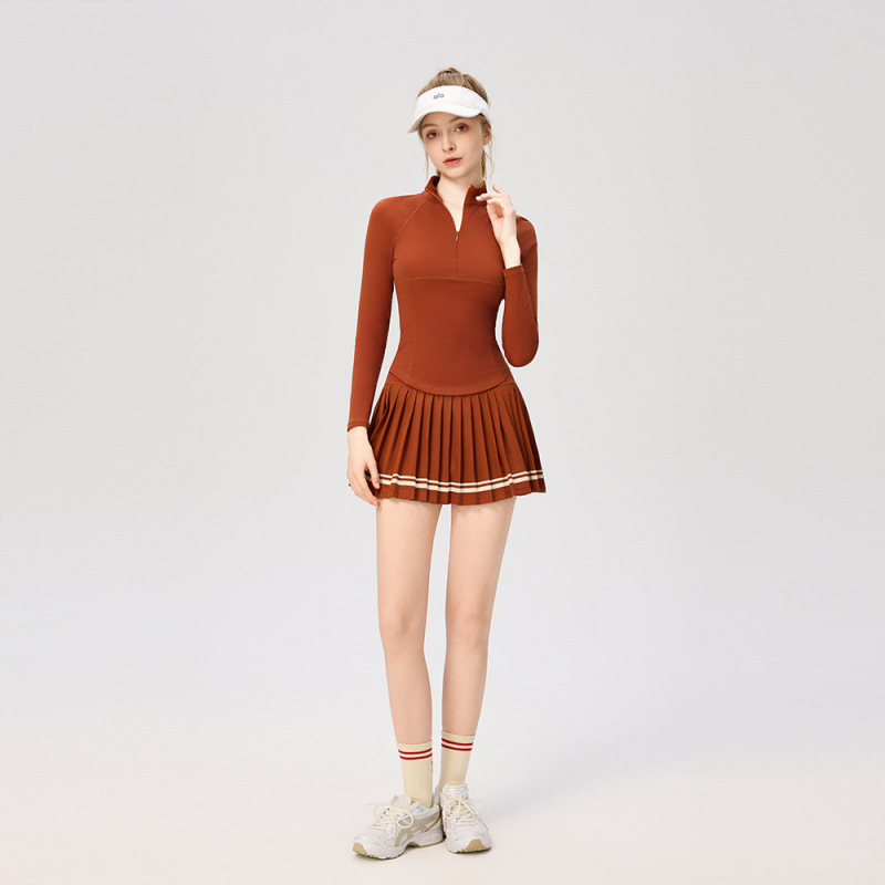 Slim-Fit Tennis Skirt with Pockets, Pleated Sports High-Elastic Short Skirt Two-Piece Set, High-Neck Zipper Long-Sleeve Sports Top for Women