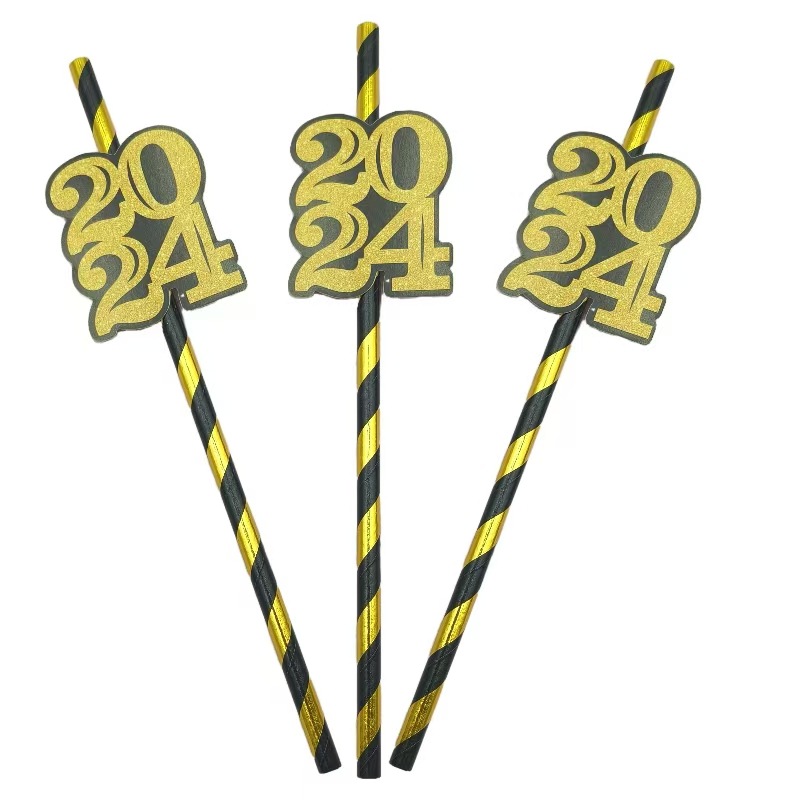 Pajita de papel de fiesta transfronteriza 2024 Pajita de tarjeta de oro negro Postre degradable desechable Pajita decorativa