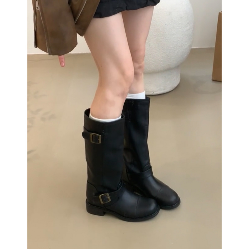 现货版~真皮英伦风厚底皮带扣宽筒中筒机车靴骑士靴女马丁靴长靴|undefined
