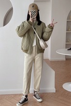 冬季新款简约休闲立领棒球服加厚保暖夹棉菱格宽松面包服短棉衣女