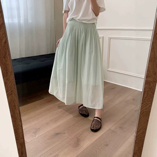 韩系薄荷绿中长款半身裙女夏季大码高腰垂感a字裙气质显瘦长裙