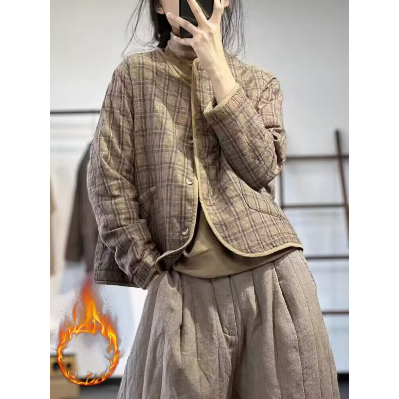 复古文艺国潮格子宽松休闲显瘦棒球服棉衣短外套|undefined