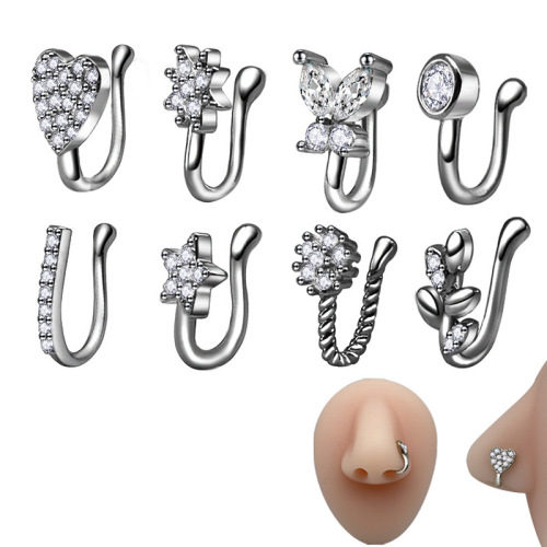 Amazon Bestseller: European & American Non-Piercing U-Shape Nose Ring with Zircon-Studded Star and Heart Design — Fake Nose Ring & Piercing Jewelry